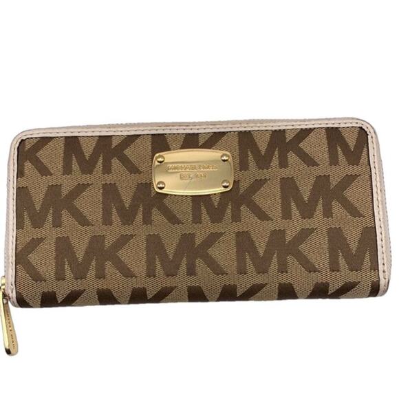 Michael Kors Signature Cream Brown Zip Around Wallet - Picture 1 of 10
